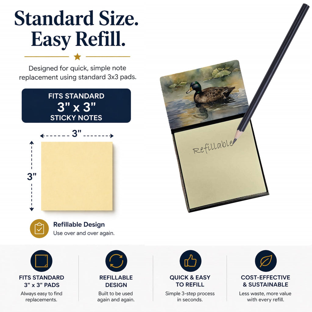 Mallard Duck Swimming Lake Watercolor Sticky Note Holder Refillable Dispenser Desk Accessory 3x3 Pad Gift