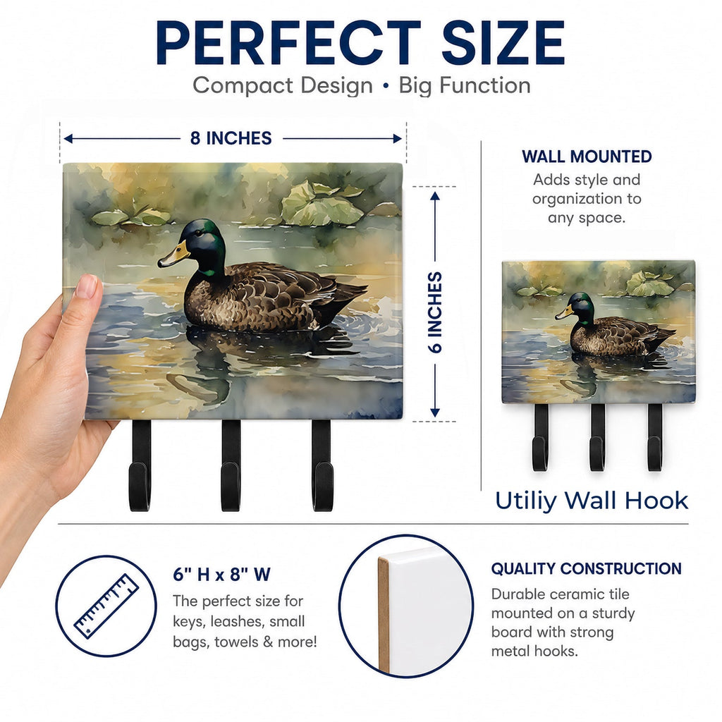 Mallard Duck Swimming Lake Leash or Key Holder Wall Hooks, Coat Rack Wall Mount, for Hanging Keys, Towels, Aprons, Leashes