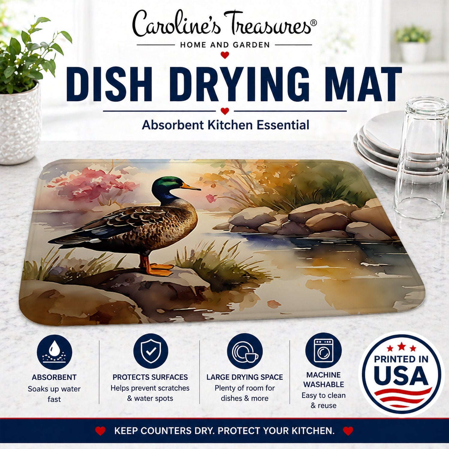 Mallard Duck Standing Lakeside Dish Drying Mat Absorbent Dish Drying Mat Pad for Kitchen Counter Dish Drainer Mat for Countertop, 14 x 21", Multicolor