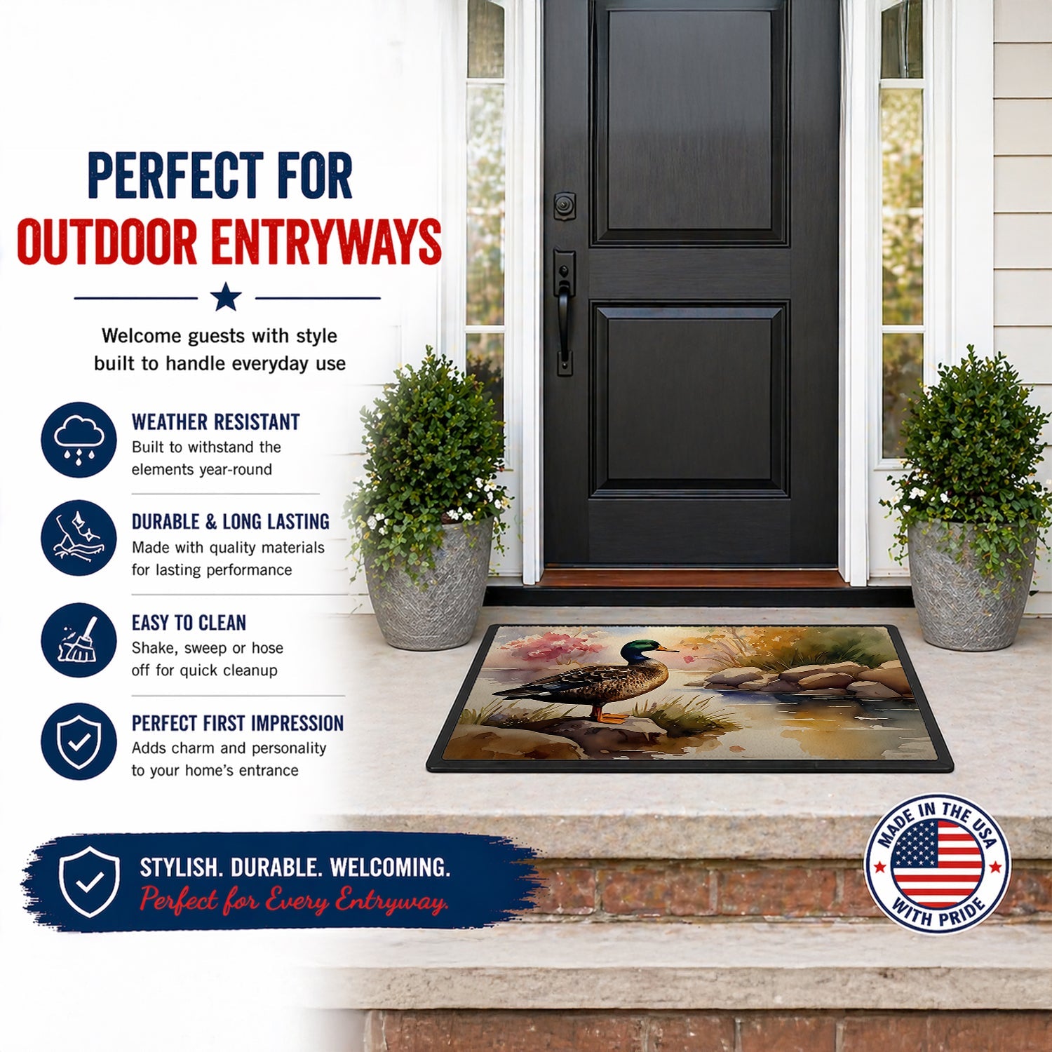 Mallard Duck Standing Lakeside Doormat Indoor Outdoor 18H X 27W Front Door Mat Rugs for Entryway, Non Slip Washable