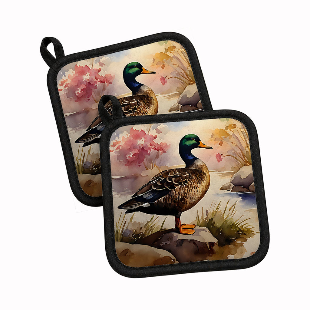 Mallard Duck Standing Lakeside Pot Holder Set of 2 Heat Resistant Quilted Hot Pads 7.5 x 7.5 Inch, Insulated Kitchen Trivets for Cooking & Baking
