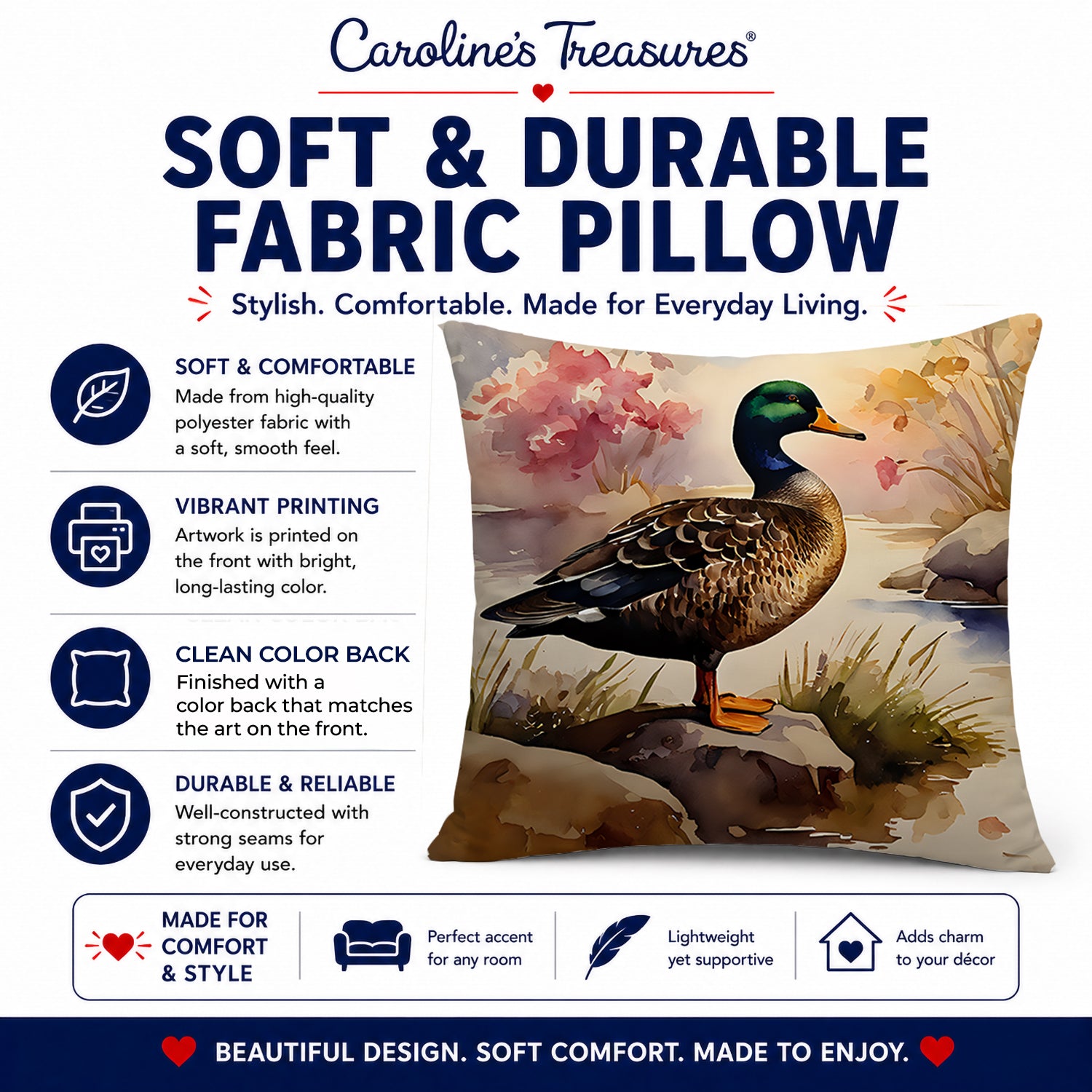 Mallard Duck Standing Lakeside Decorative Throw Pillow 14x14 Indoor Outdoor Accent Cushion, Fabric Cover with Insert for Sofa, Bed, Porch & Living Room