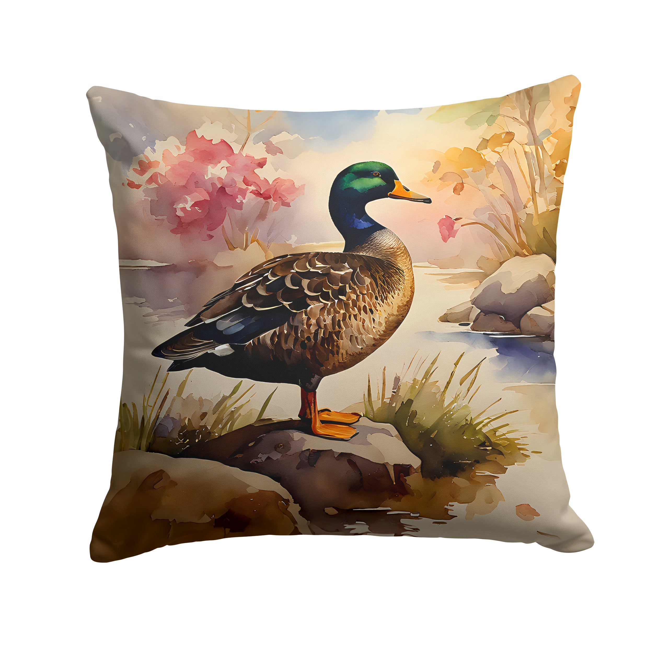 Mallard Duck Standing Lakeside Decorative Throw Pillow 14x14 Indoor Outdoor Accent Cushion, Fabric Cover with Insert for Sofa, Bed, Porch & Living Room