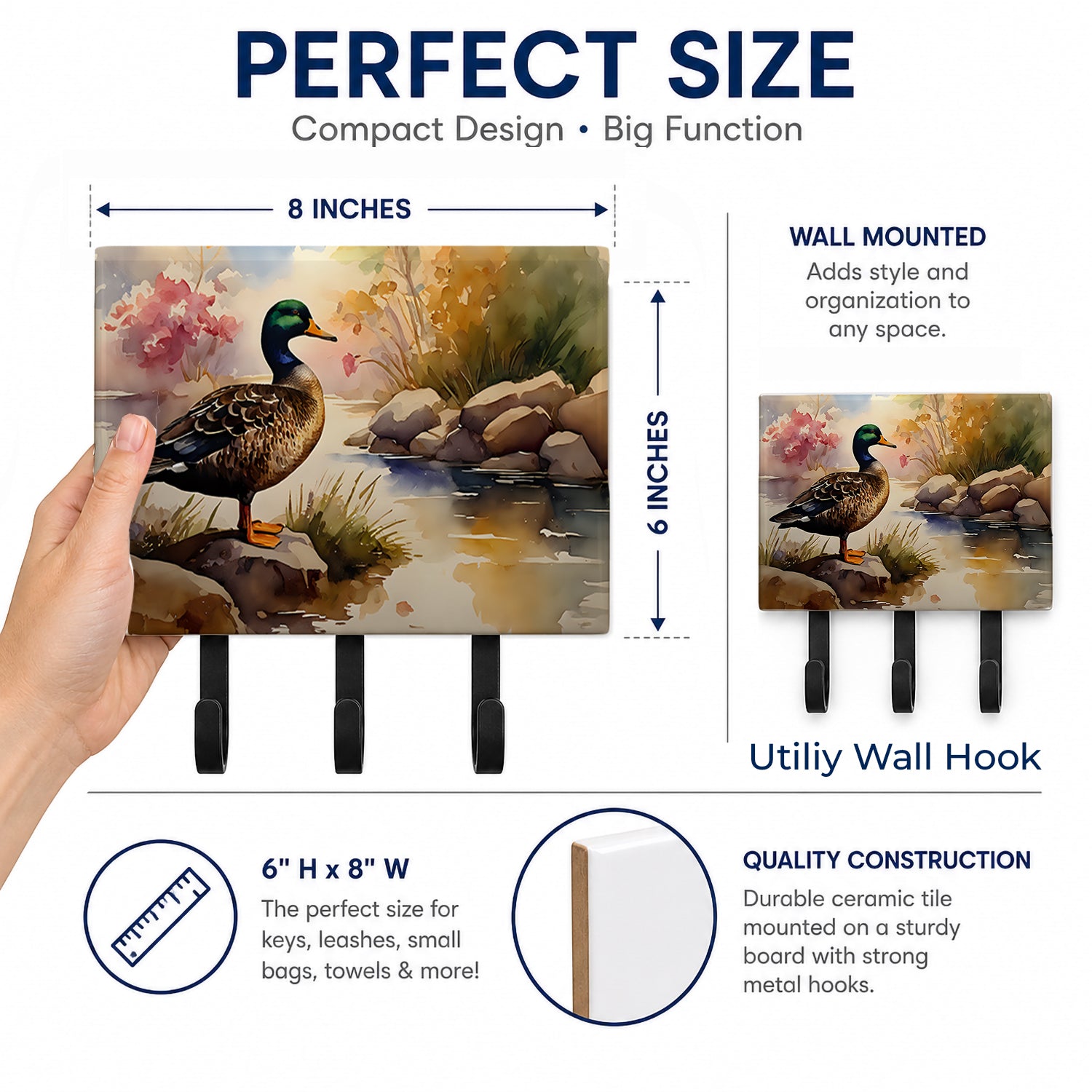 Mallard Duck Standing Lakeside Leash or Key Holder Wall Hooks, Coat Rack Wall Mount, for Hanging Keys, Towels, Aprons, Leashes