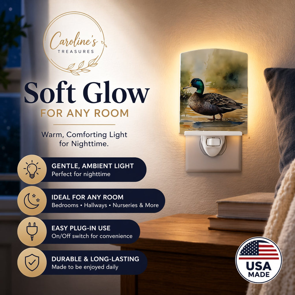 Mallard Duck Shoreline Ceramic Night Light Compact, UL-Certified, Ideal for Bedroom, Bathroom, Nursery, Hallway, Kitchen, 6x4x3, Multicolor