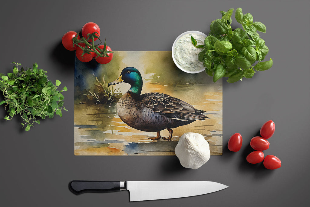 Mallard Duck Shoreline Cutting Board Tempered Glass Kitchen Cutting Surface, Heat Resistant Chopping, Non-Slip Feet, Food Prep & Serving