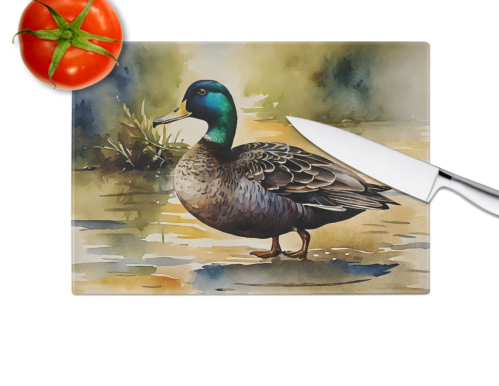 Mallard Duck Shoreline Cutting Board Tempered Glass Kitchen Cutting Surface, Heat Resistant Chopping, Non-Slip Feet, Food Prep & Serving