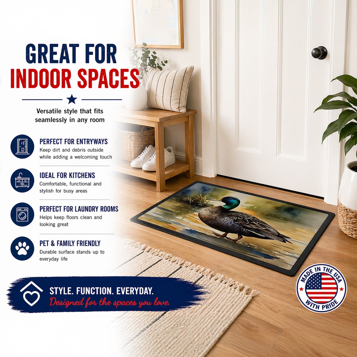 Mallard Duck Shoreline Doormat Indoor Outdoor 18H X 27W Front Door Mat Rugs for Entryway, Non Slip Washable