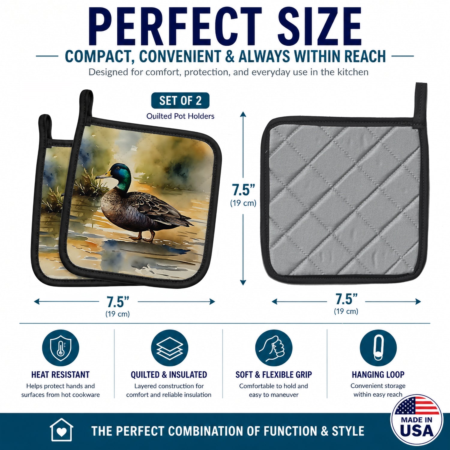 Mallard Duck Shoreline Pot Holder Set of 2 Heat Resistant Quilted Hot Pads 7.5 x 7.5 Inch, Insulated Kitchen Trivets for Cooking & Baking