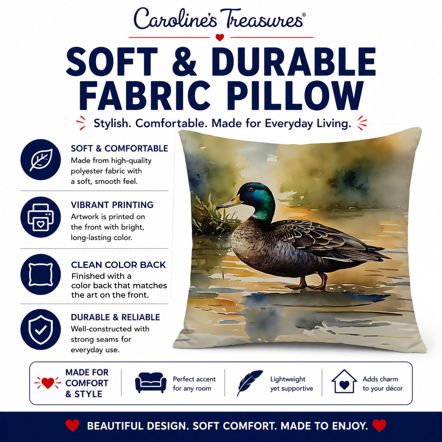 Mallard Duck Shoreline Decorative Throw Pillow 14x14 Indoor Outdoor Accent Cushion, Fabric Cover with Insert for Sofa, Bed, Porch & Living Room