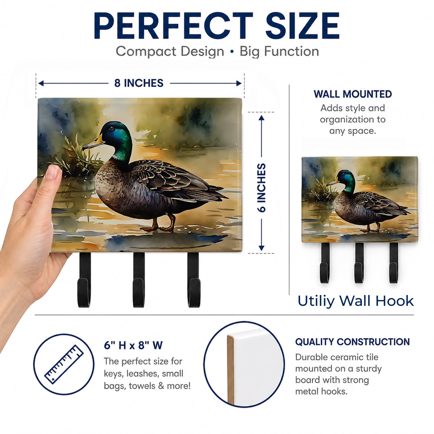 Mallard Duck Shoreline Leash or Key Holder Wall Hooks, Coat Rack Wall Mount, for Hanging Keys, Towels, Aprons, Leashes