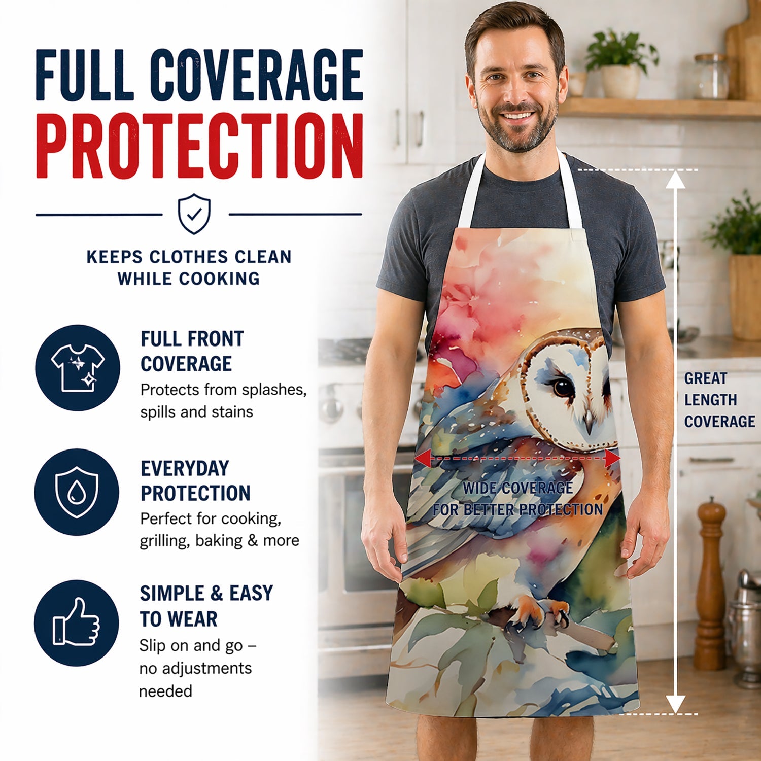 Barn Owl with Flowers Apron Cooking Kitchen Server Baking Crafts Gardening for Adult Women Men, Unisex, Large, Multicolor