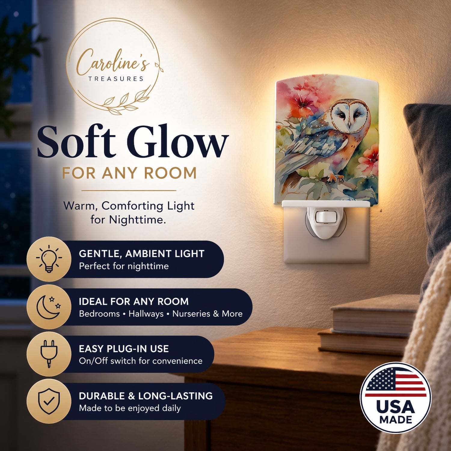Barn Owl with Flowers Ceramic Night Light Compact, UL-Certified, Ideal for Bedroom, Bathroom, Nursery, Hallway, Kitchen, 6x4x3, Multicolor