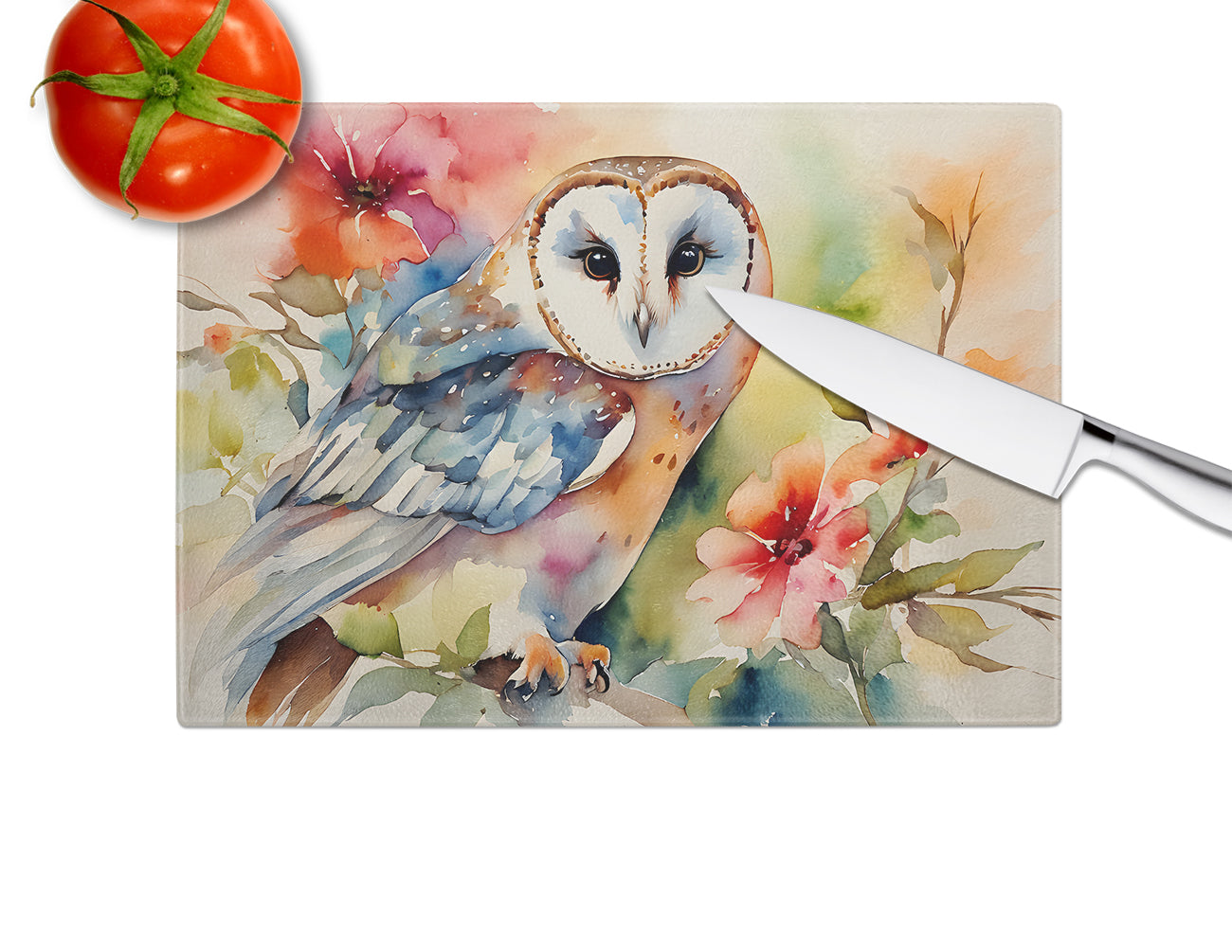 Barn Owl with Flowers Cutting Board Tempered Glass Kitchen Cutting Surface, Heat Resistant Chopping, Non-Slip Feet, Food Prep & Serving