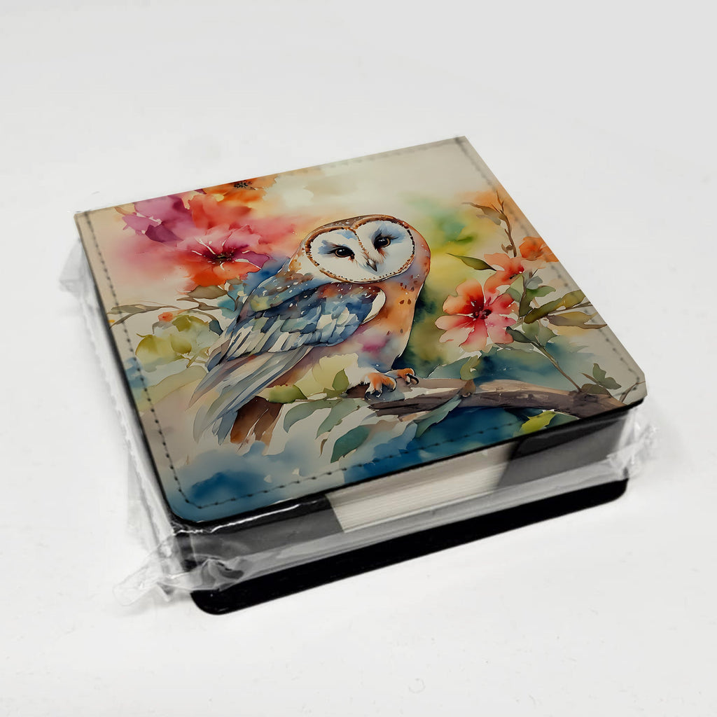 Barn Owl with Flowers PU Leather Note Paper Holder with Artist-Designed Cover, Desk Accessory, Office Gift