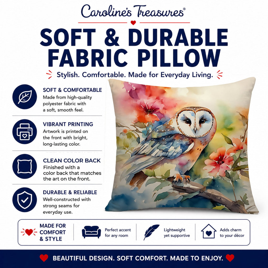 Barn Owl with Flowers Decorative Throw Pillow 18x18 Indoor Outdoor Accent Cushion, Fabric Cover with Insert for Sofa, Bed, Porch & Living Room