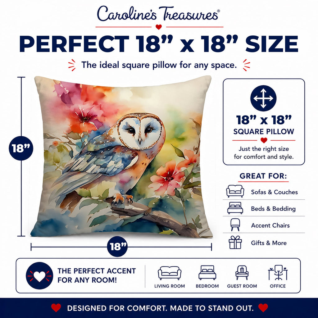 Barn Owl with Flowers Decorative Throw Pillow 18x18 Indoor Outdoor Accent Cushion, Fabric Cover with Insert for Sofa, Bed, Porch & Living Room