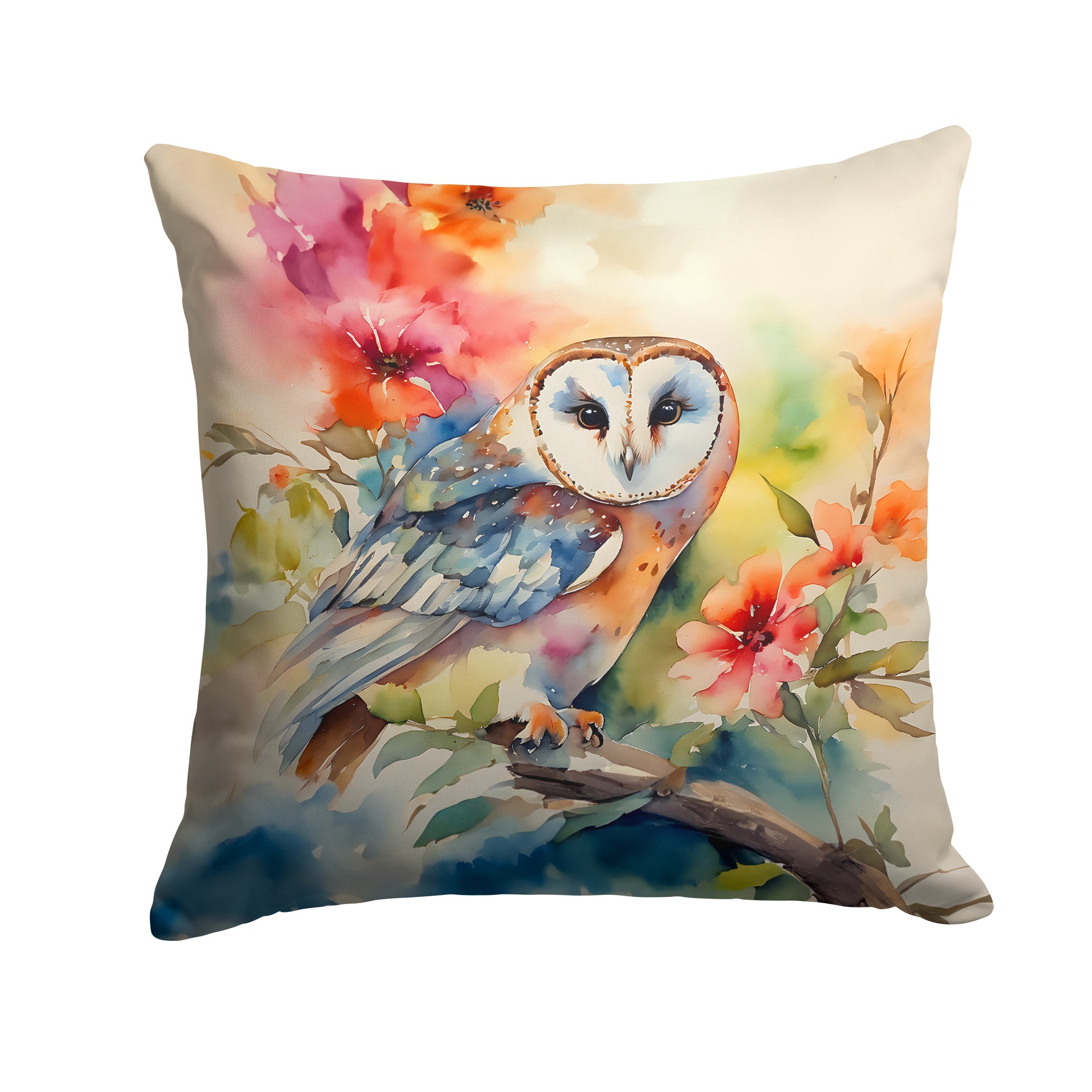 Barn Owl with Flowers Decorative Throw Pillow 18x18 Indoor Outdoor Accent Cushion, Fabric Cover with Insert for Sofa, Bed, Porch & Living Room