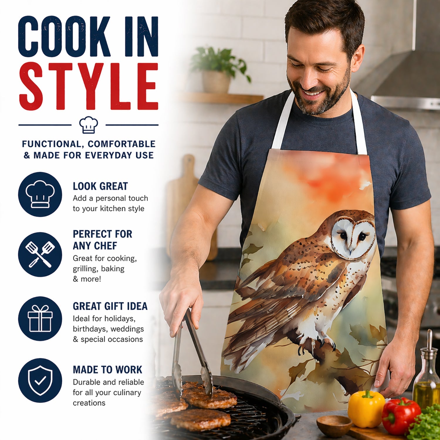 Perched Owl Woodland Wildlife Apron Cooking Kitchen Server Baking Crafts Gardening for Adult Women Men, Unisex, Large, Multicolor