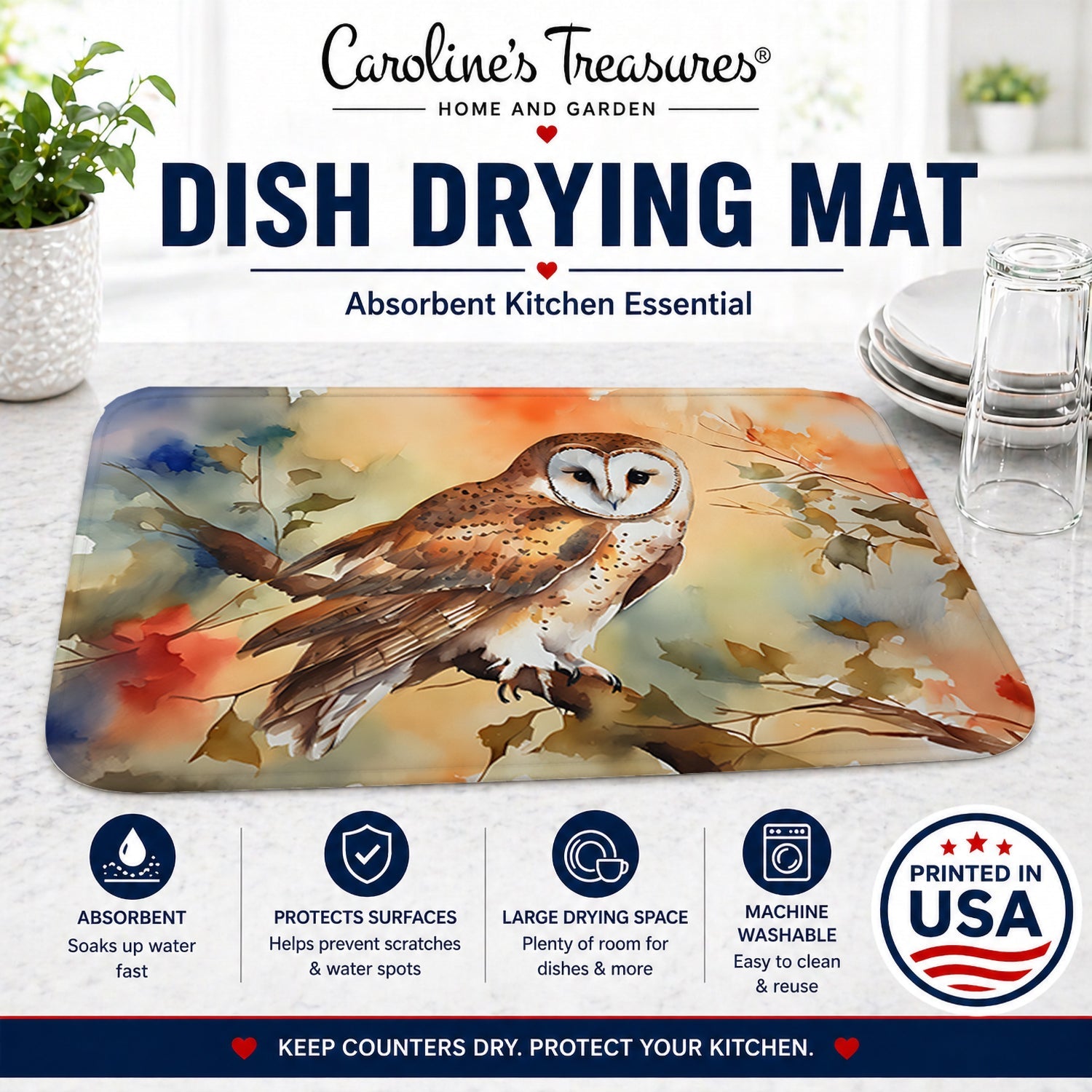 Perched Owl Woodland Wildlife Dish Drying Mat Absorbent Dish Drying Mat Pad for Kitchen Counter Dish Drainer Mat for Countertop, 14 x 21", Multicolor