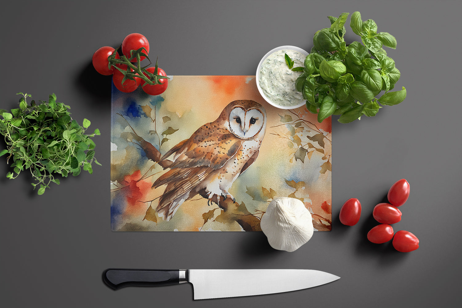 Perched Owl Woodland Wildlife Cutting Board Tempered Glass Kitchen Cutting Surface, Heat Resistant Chopping, Non-Slip Feet, Food Prep & Serving