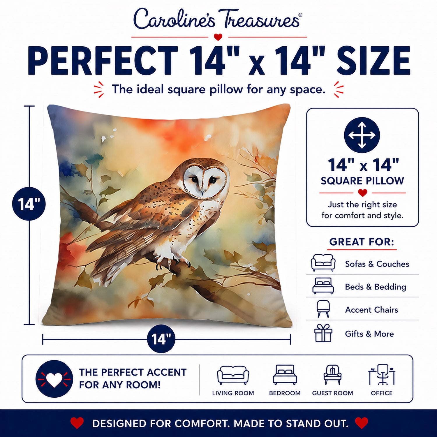 Perched Owl Woodland Wildlife Decorative Throw Pillow 14x14 Indoor Outdoor Accent Cushion, Fabric Cover with Insert for Sofa, Bed, Porch & Living Room