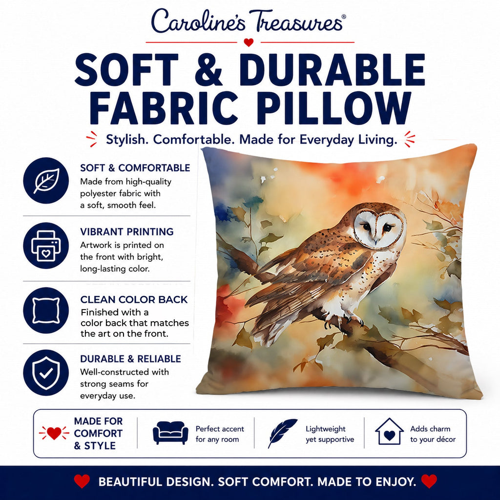 Perched Owl Woodland Wildlife Decorative Throw Pillow 18x18 Indoor Outdoor Accent Cushion, Fabric Cover with Insert for Sofa, Bed, Porch & Living Room