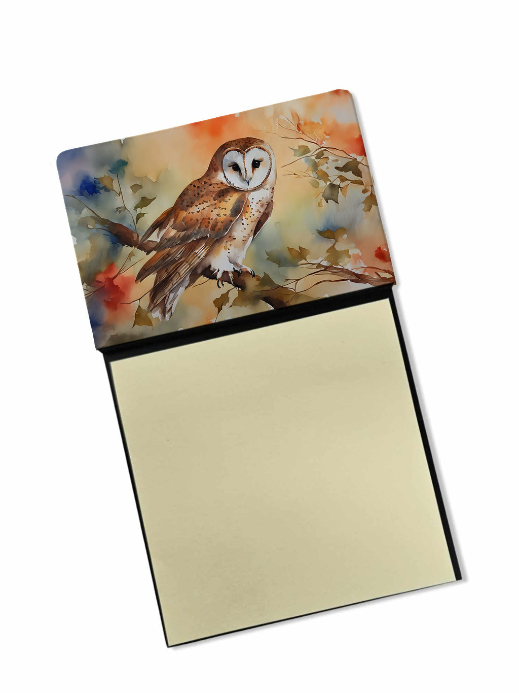 Perched Owl Woodland Wildlife Watercolor Sticky Note Holder Refillable Dispenser Desk Accessory 3x3 Pad Gift
