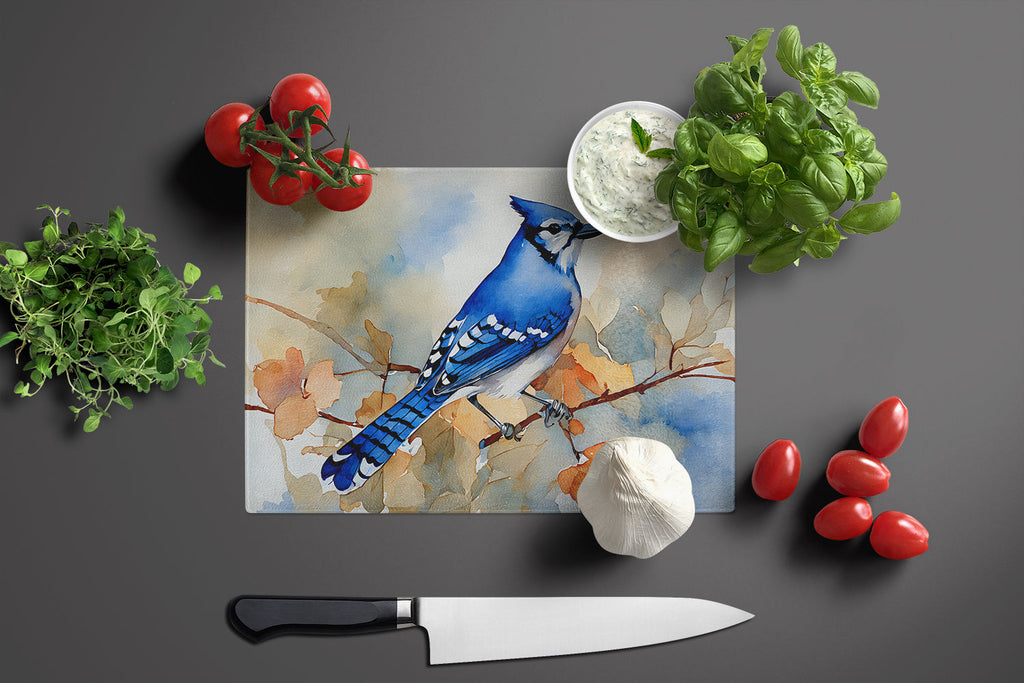 Blue Jay with Blossoms Spring Cutting Board Tempered Glass Kitchen Cutting Surface, Heat Resistant Chopping, Non-Slip Feet, Food Prep & Serving