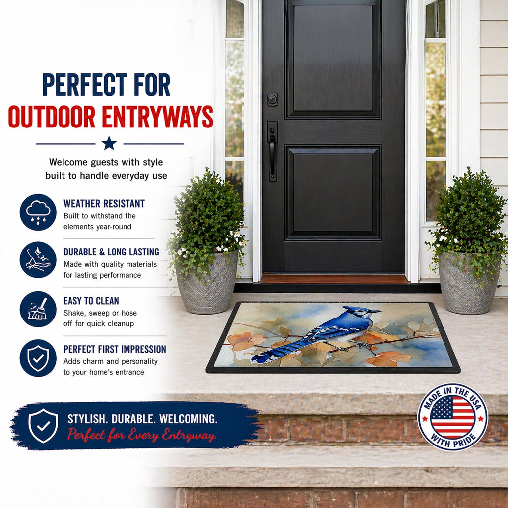 Blue Jay with Blossoms Spring Doormat Indoor Outdoor 18H X 27W Front Door Mat Rugs for Entryway, Non Slip Washable