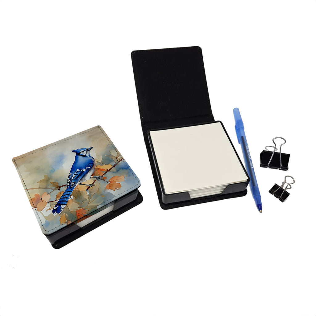 Blue Jay with Blossoms Spring PU Leather Note Paper Holder with Artist-Designed Cover, Desk Accessory, Office Gift