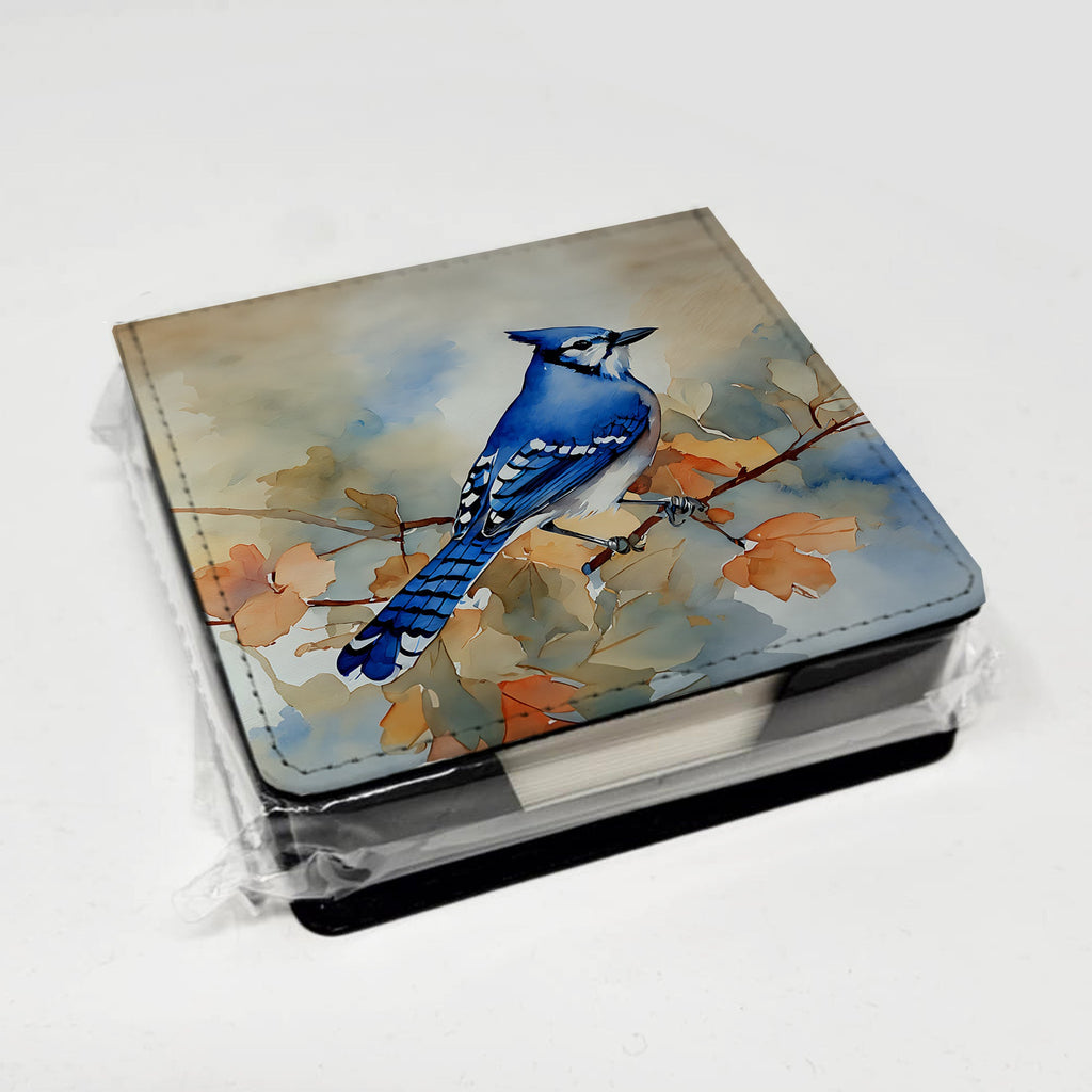 Blue Jay with Blossoms Spring PU Leather Note Paper Holder with Artist-Designed Cover, Desk Accessory, Office Gift