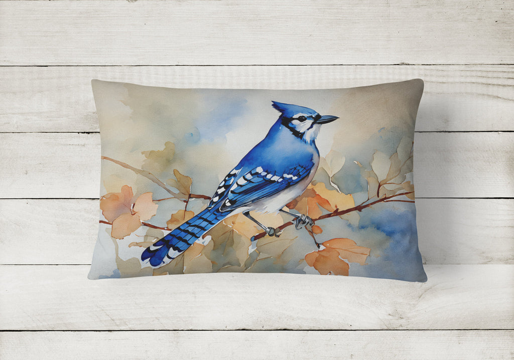 Blue Jay with Blossoms Spring Decorative Throw Pillow 12x16 Indoor Outdoor Accent Cushion, Fabric Cover with Insert for Sofa, Bed, Porch & Living Room