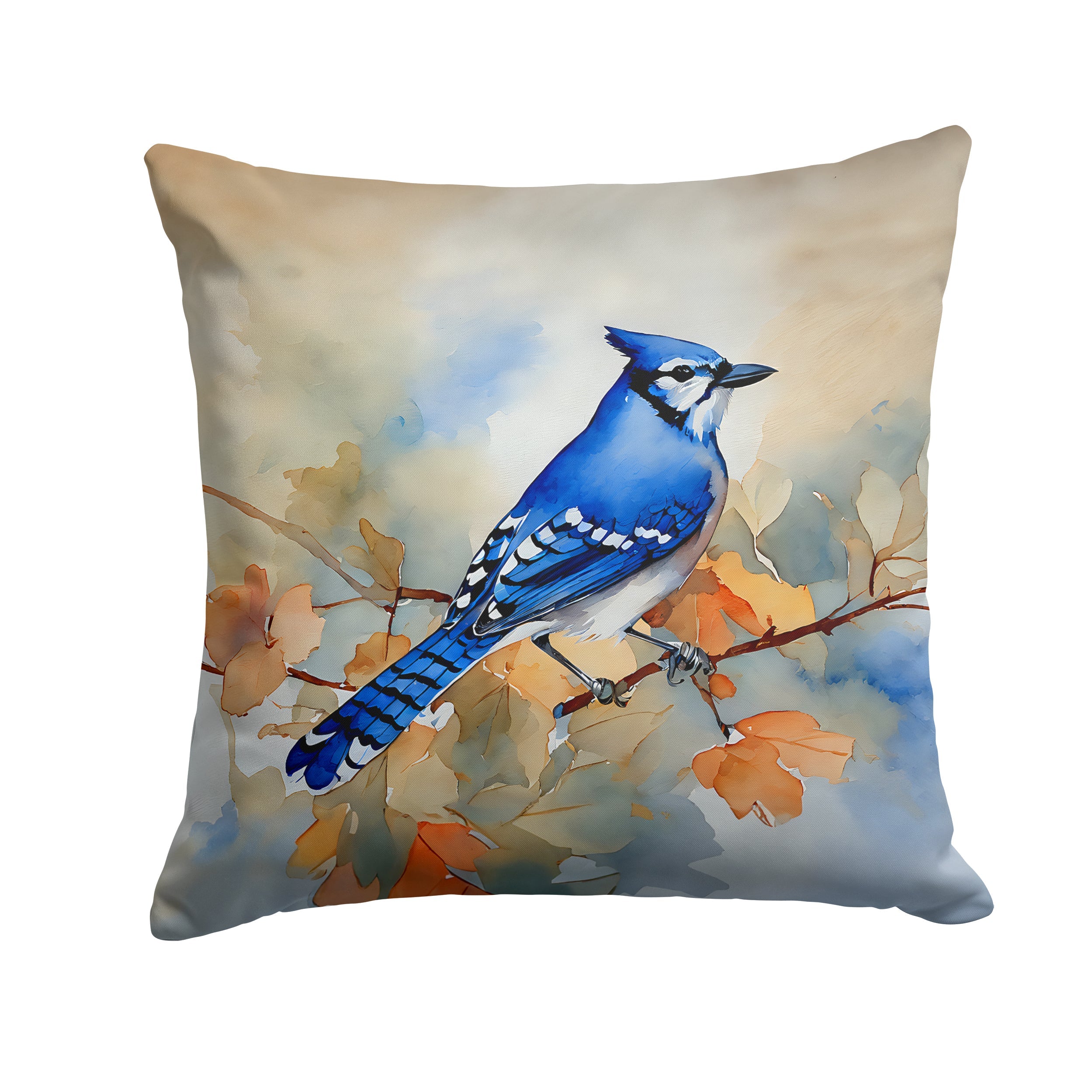 Blue Jay with Blossoms Spring Decorative Throw Pillow 14x14 Indoor Outdoor Accent Cushion, Fabric Cover with Insert for Sofa, Bed, Porch & Living Room