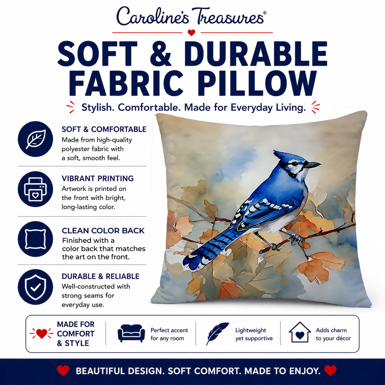 Blue Jay with Blossoms Spring Decorative Throw Pillow 18x18 Indoor Outdoor Accent Cushion, Fabric Cover with Insert for Sofa, Bed, Porch & Living Room