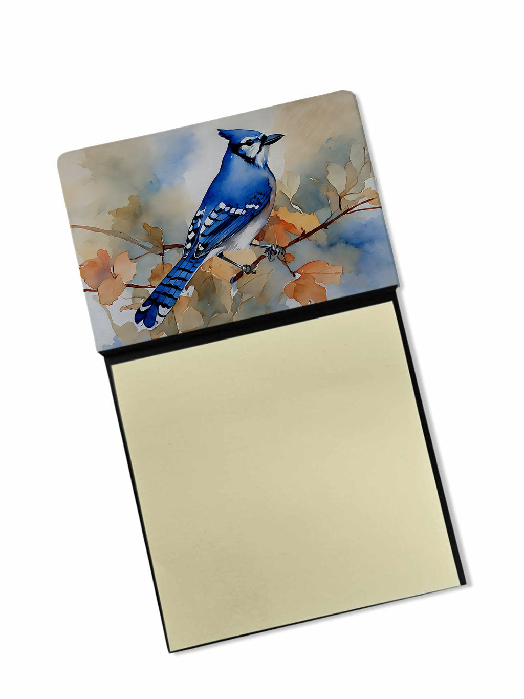 Blue Jay with Blossoms Spring Watercolor Sticky Note Holder Refillable Dispenser Desk Accessory 3x3 Pad Gift