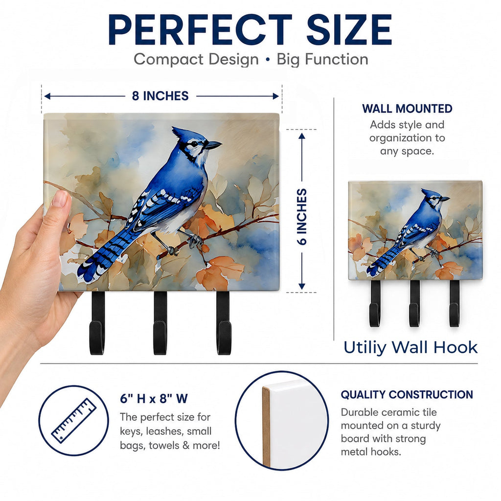 Blue Jay with Blossoms Spring Leash or Key Holder Wall Hooks, Coat Rack Wall Mount, for Hanging Keys, Towels, Aprons, Leashes
