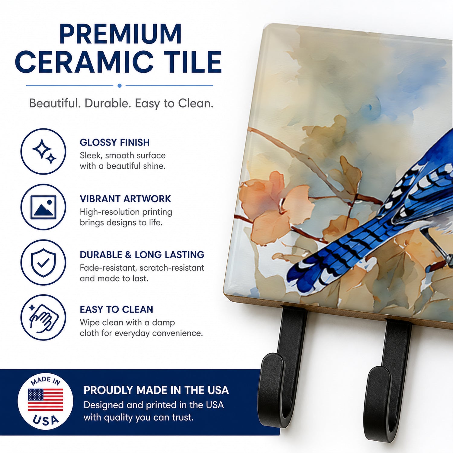 Blue Jay with Blossoms Spring Leash or Key Holder Wall Hooks, Coat Rack Wall Mount, for Hanging Keys, Towels, Aprons, Leashes