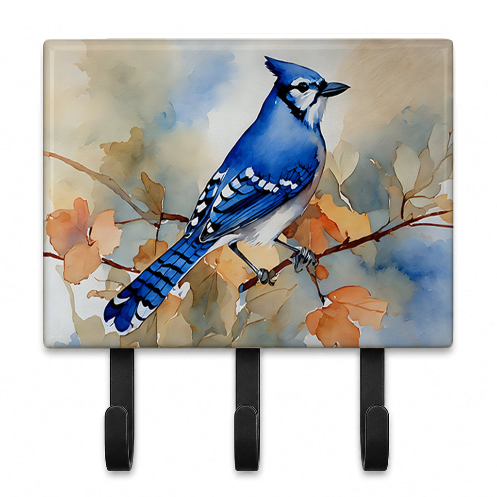 Blue Jay with Blossoms Spring Leash or Key Holder Wall Hooks, Coat Rack Wall Mount, for Hanging Keys, Towels, Aprons, Leashes