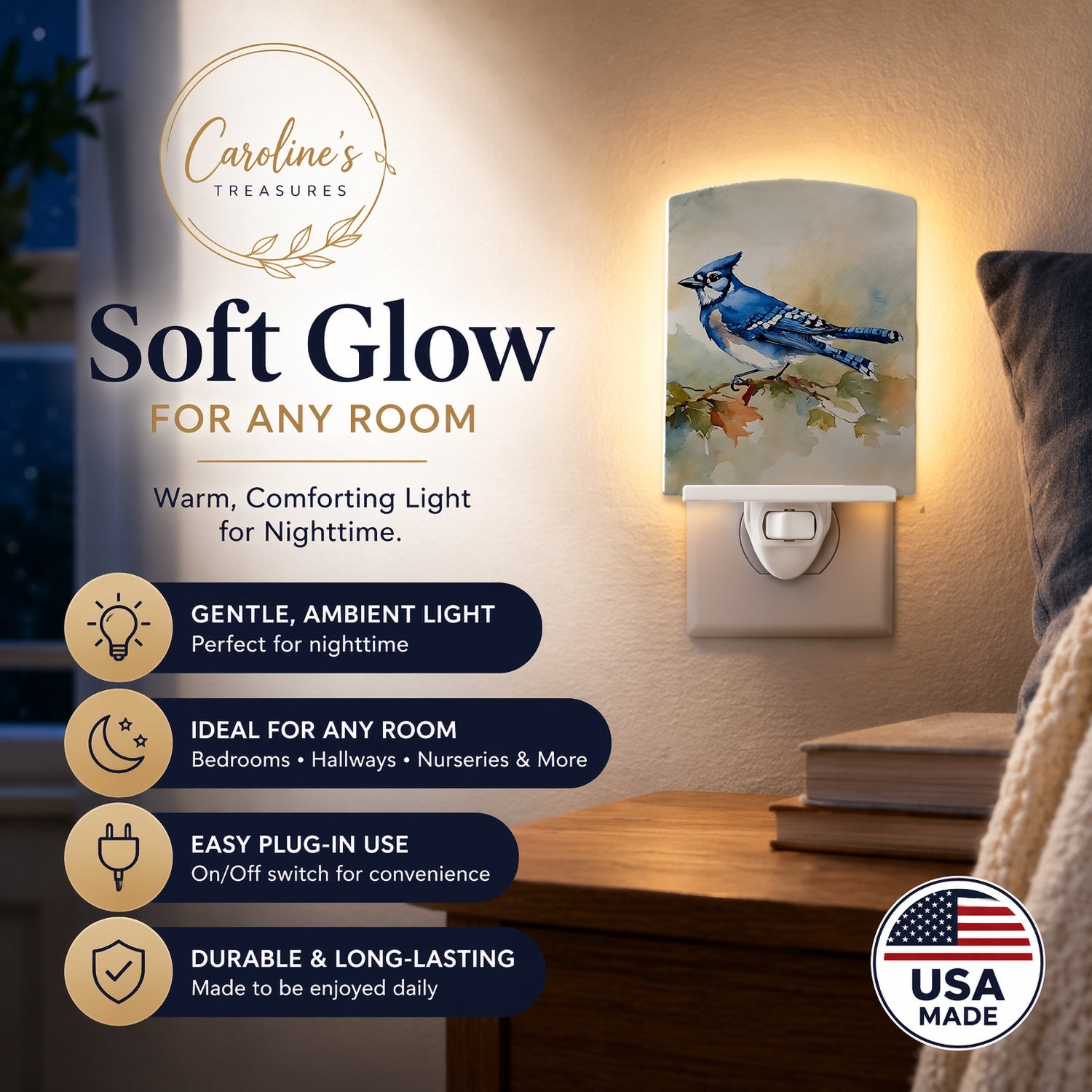 Blue Jay Wildlife Portrait Ceramic Night Light Compact, UL-Certified, Ideal for Bedroom, Bathroom, Nursery, Hallway, Kitchen, 6x4x3, Multicolor