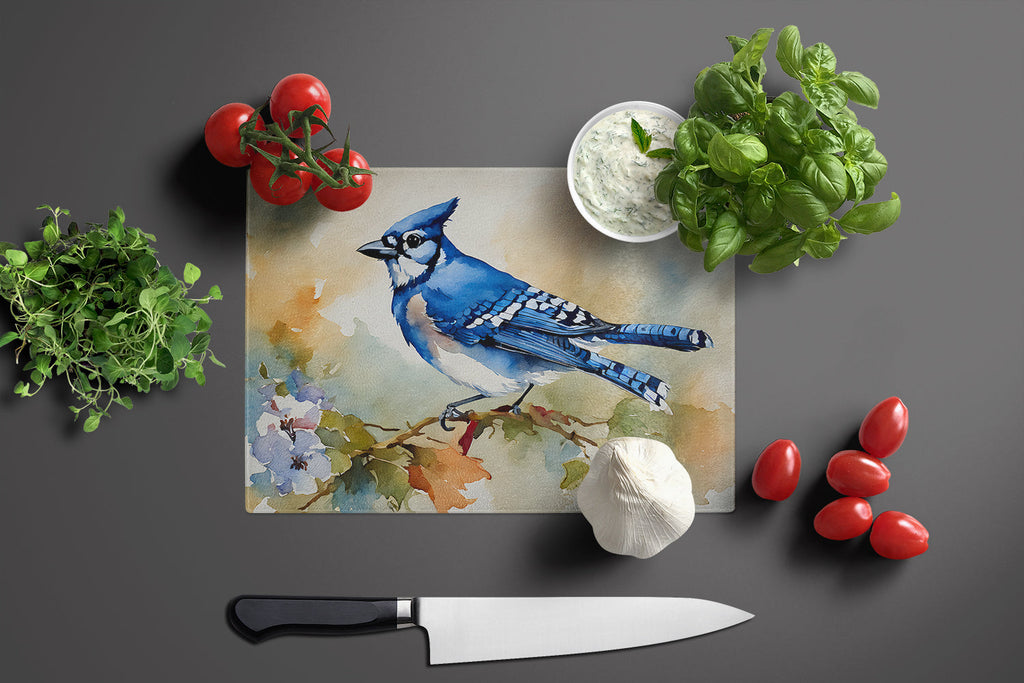 Blue Jay Wildlife Portrait Cutting Board Tempered Glass Kitchen Cutting Surface, Heat Resistant Chopping, Non-Slip Feet, Food Prep & Serving