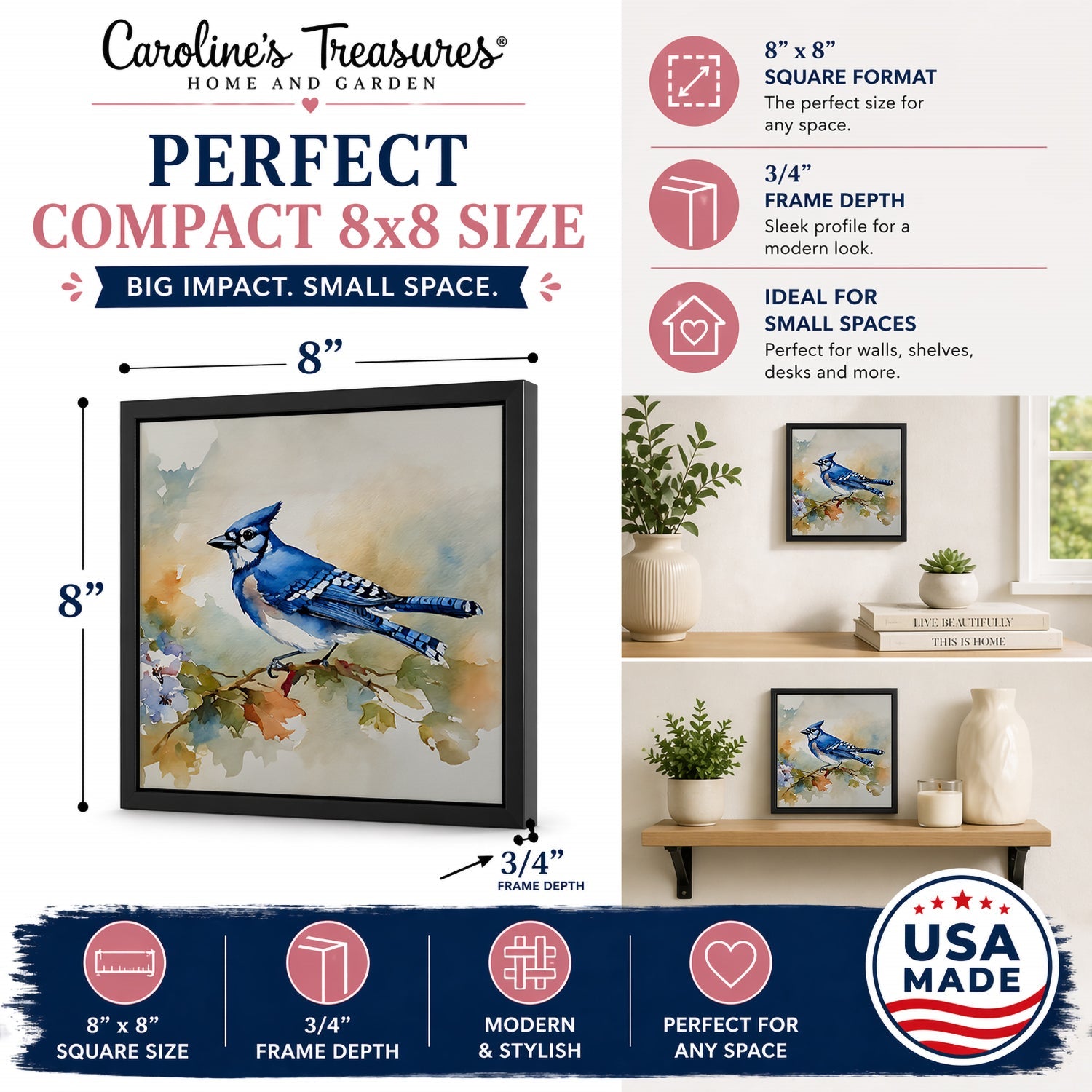 Blue Jay Wildlife Portrait Framed Metal Print Bathroom, Kitchen, Office, Home Decor Wall Art Ready to Hang, Square, 8X8
