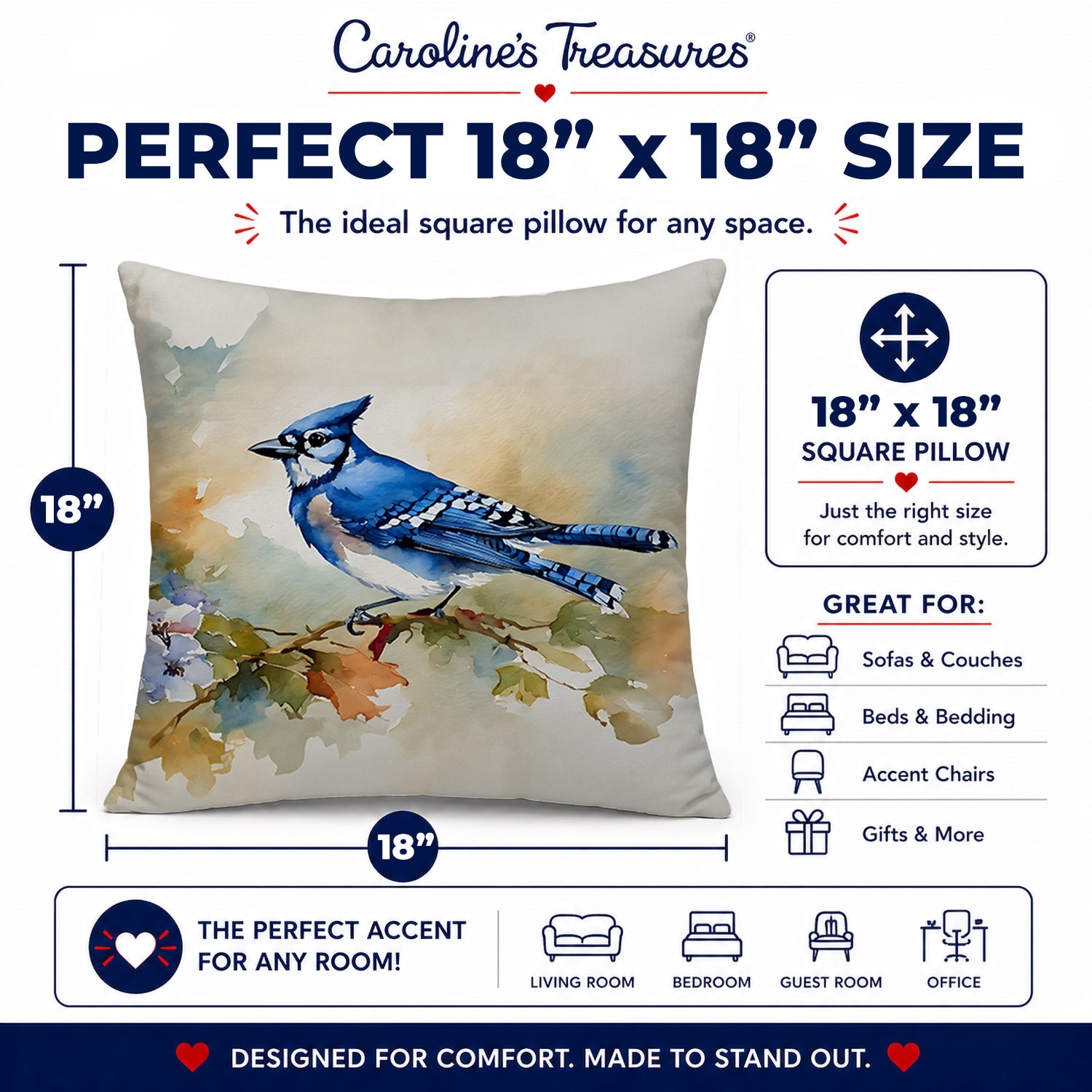 Blue Jay Wildlife Portrait Decorative Throw Pillow 18x18 Indoor Outdoor Accent Cushion, Fabric Cover with Insert for Sofa, Bed, Porch & Living Room
