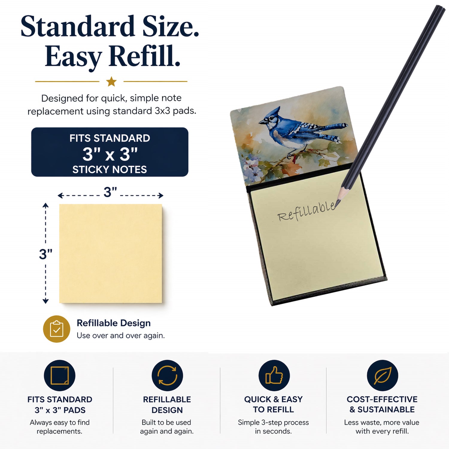 Blue Jay Wildlife Portrait Watercolor Sticky Note Holder Refillable Dispenser Desk Accessory 3x3 Pad Gift