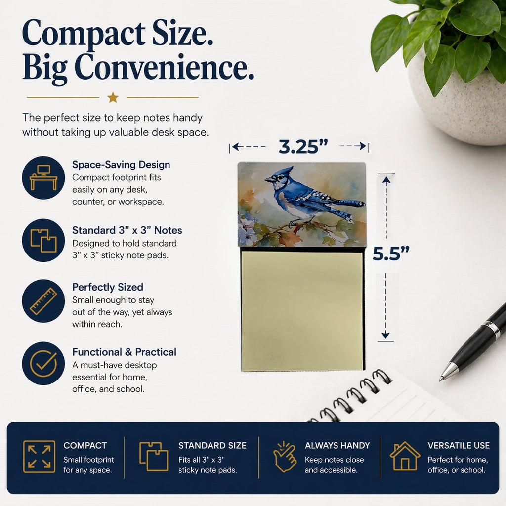 Blue Jay Wildlife Portrait Watercolor Sticky Note Holder Refillable Dispenser Desk Accessory 3x3 Pad Gift