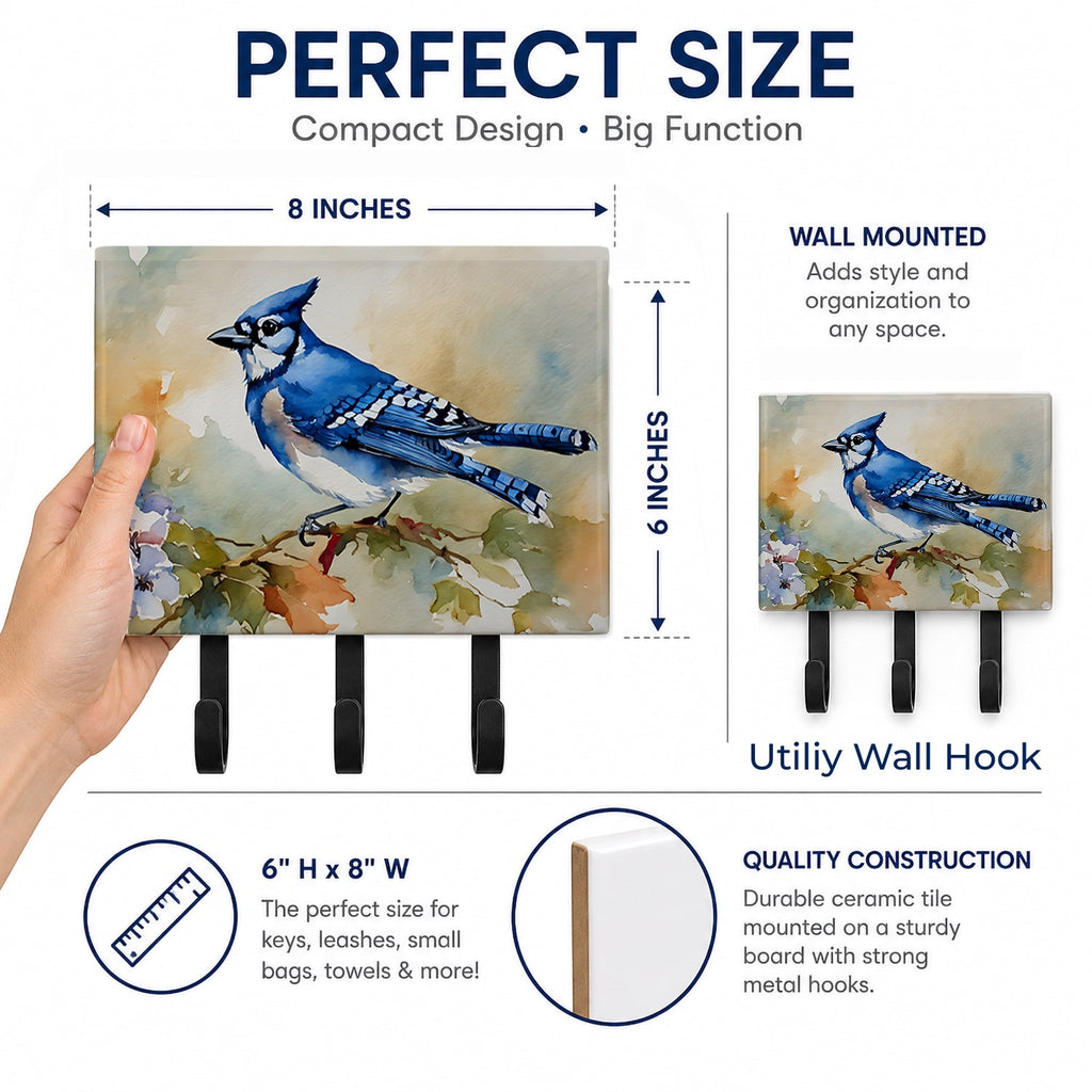 Blue Jay Wildlife Portrait Leash or Key Holder Wall Hooks, Coat Rack Wall Mount, for Hanging Keys, Towels, Aprons, Leashes