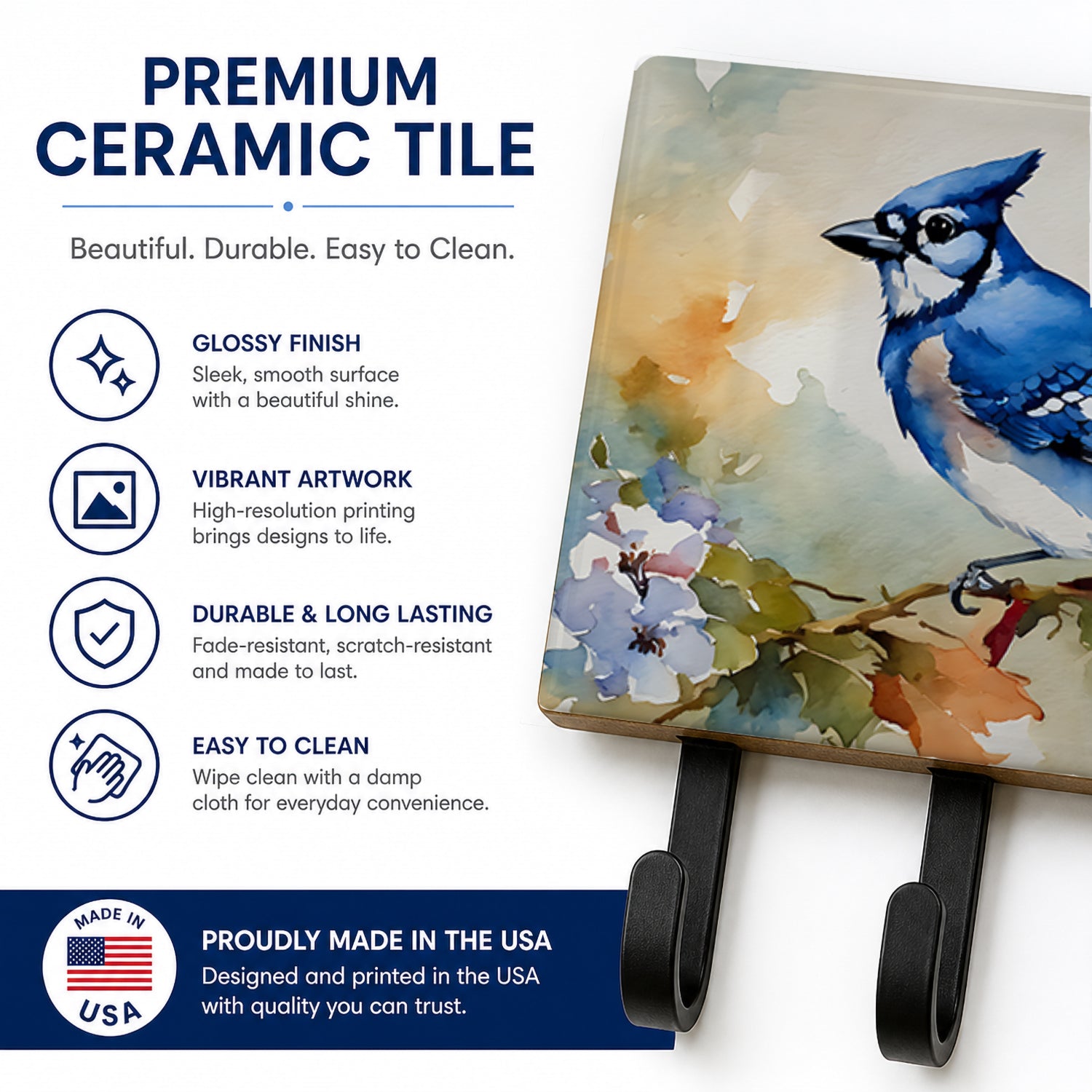 Blue Jay Wildlife Portrait Leash or Key Holder Wall Hooks, Coat Rack Wall Mount, for Hanging Keys, Towels, Aprons, Leashes