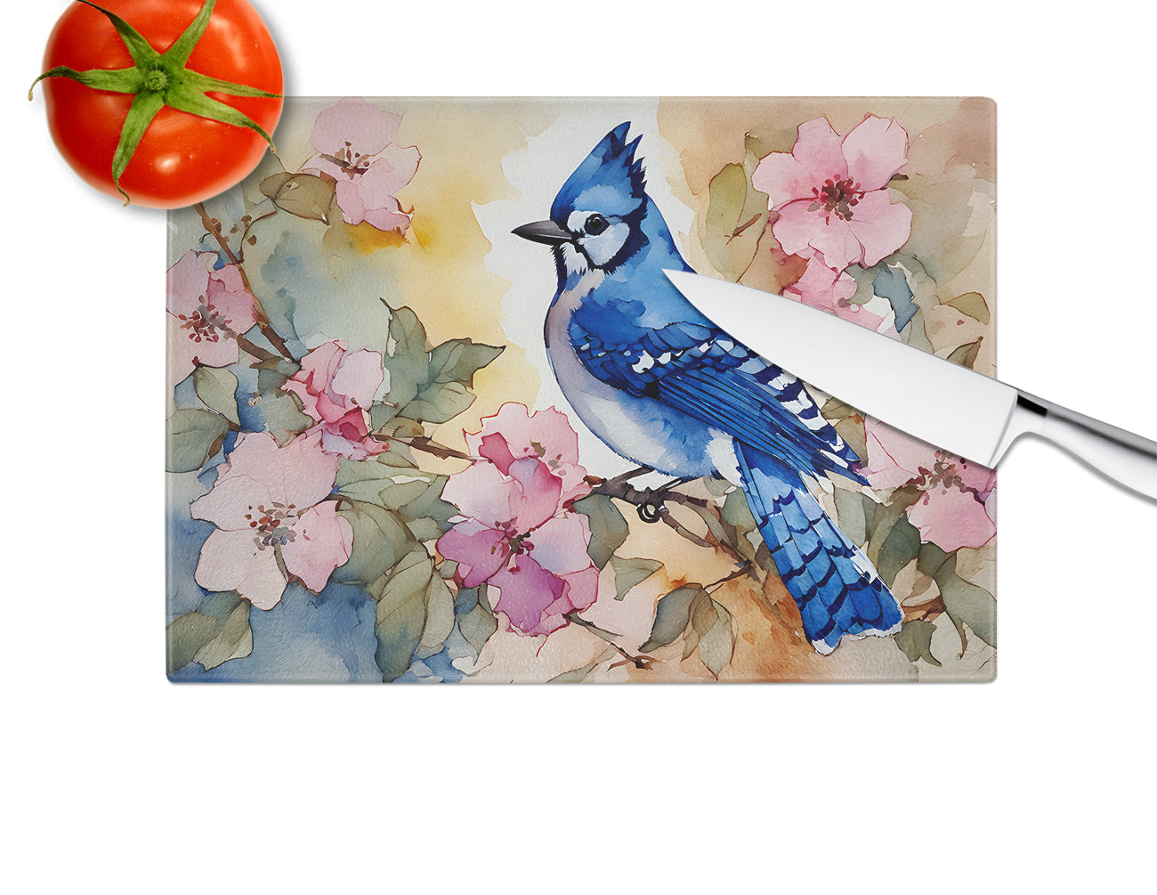 Blue Jay in Floral Cutting Board Tempered Glass Kitchen Cutting Surface, Heat Resistant Chopping, Non-Slip Feet, Food Prep & Serving