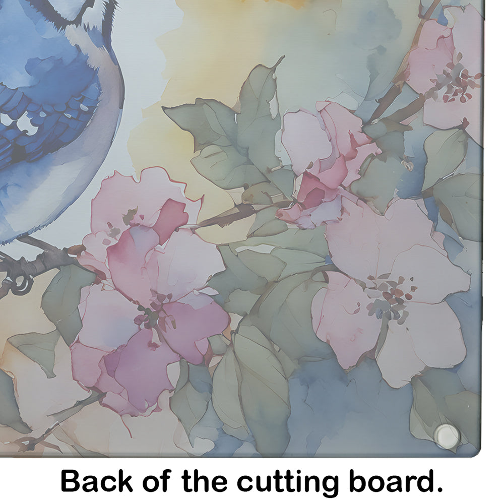 Blue Jay in Floral Cutting Board Tempered Glass Kitchen Cutting Surface, Heat Resistant Chopping, Non-Slip Feet, Food Prep & Serving