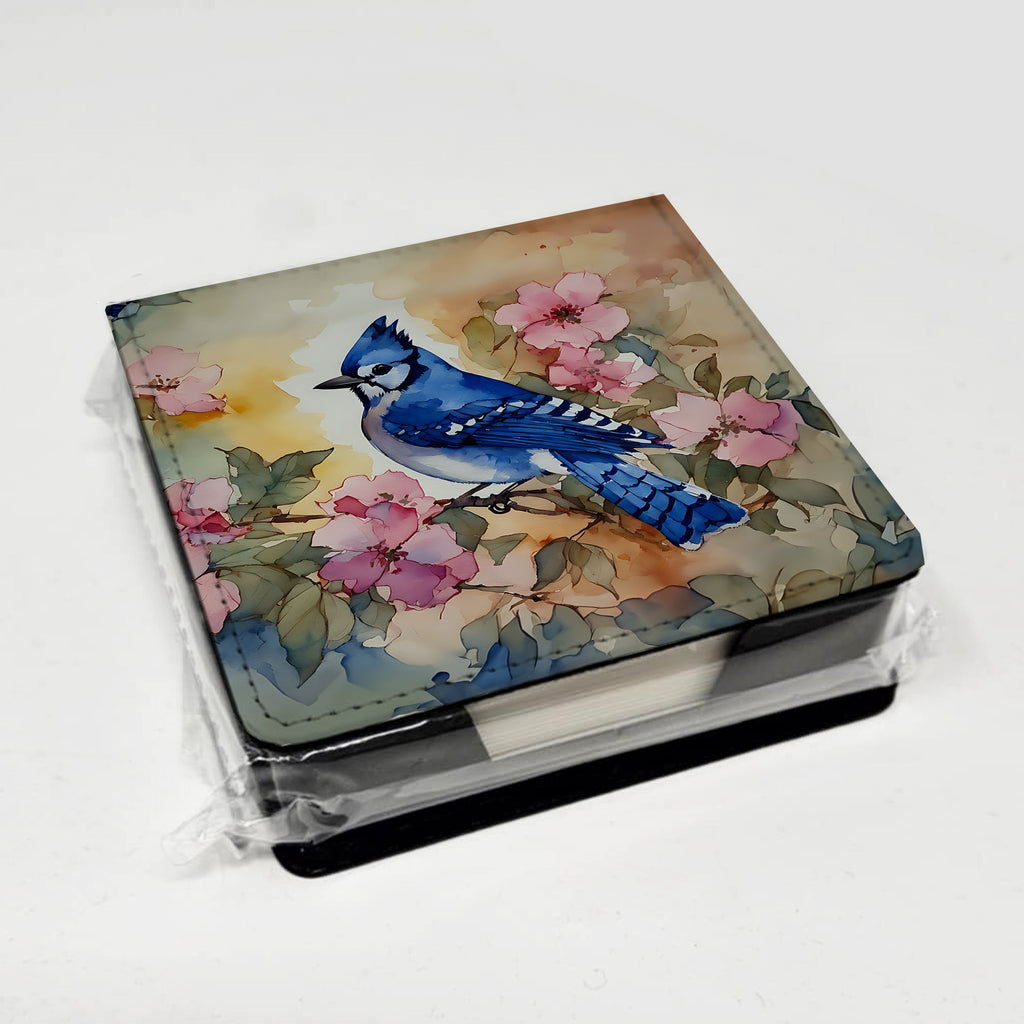 Blue Jay in Floral PU Leather Note Paper Holder with Artist-Designed Cover, Desk Accessory, Office Gift